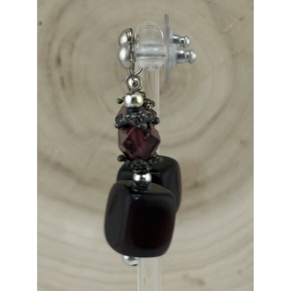 Vintage Boho Beaded Dangle Earrings Purple Glass & Black Cube Beads Silver Tone - Picture 2 of 6